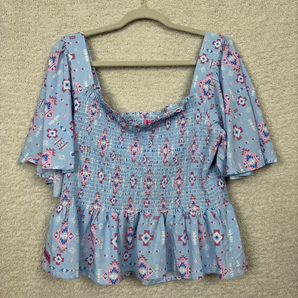 Simply Southern Top XL Blue Shirred Smocked Off Shoulder Aztec Cropped‎ Blouse